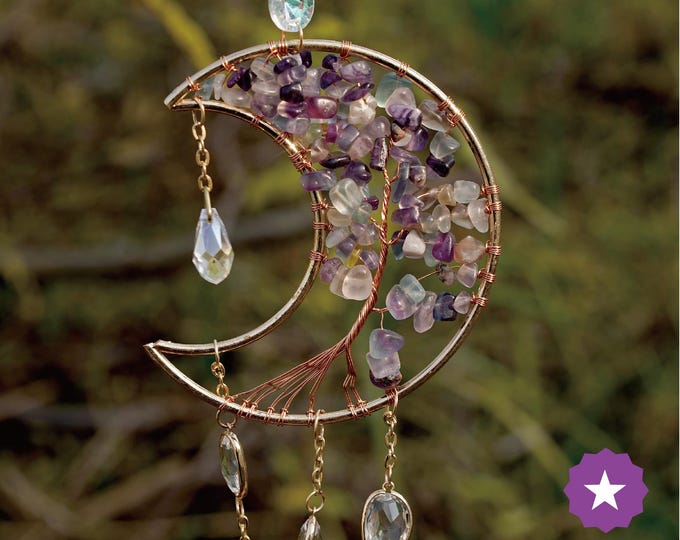 Handmade Crystal Moon Suncatcher Crescent Moon Window Hanging with Natural Gemstones, Boho Decor, Amethyst Dreamcatcher, Mother’s Day Gift
