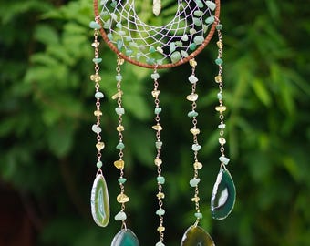Acchiappasogni in cristallo verde, fatto a mano, da appendere alla parete in cristallo viola con pietre curative, perline di agata, decorazione spirituale per la camera da letto, regalo di energia positiva