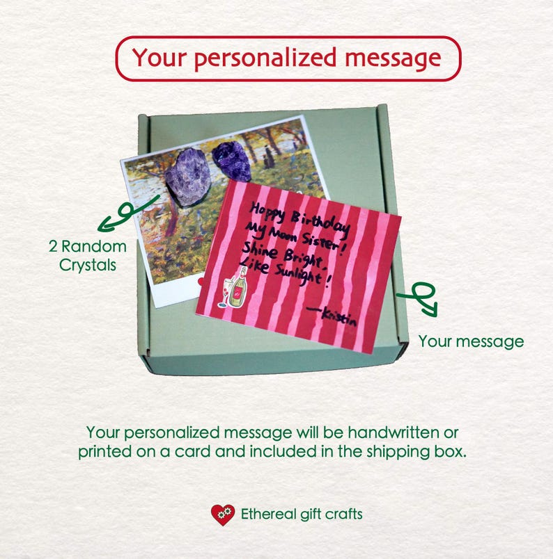 May include: A gift box containing a handwritten card with the message "Happy Birthday My Mom Sister! Shine Bright, Like Sunlight!" and a photo with two crystals. The box also includes a personalized message.
