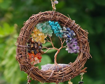 Handmade 7 Chakra Tree of Life Dreamcatcher Wind Chime – Crystal Vine Wall Hanging, Boho Rainbow Decor, Spiritual Gift for Home & Garden