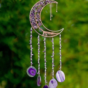 Purple Moon Dreamcatcher with Amethyst Boho Gemstone Wall Hanging for Bedroom, Lunar Sun Catcher Spiritual Decor, Gift for Her