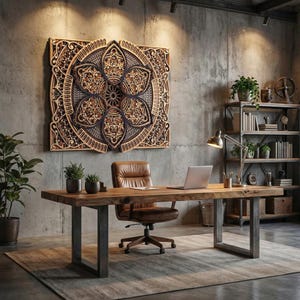 Op de afbeelding: Een houten bureau met een laptop, pennenhouder en een bruine leren stoel. Boven het bureau hangt een groot, ingewikkeld gesneden houten wandkunstwerk. De kamer heeft een modern, industrieel design met betonnen muren en metalen rekken.