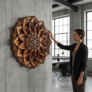 Mandala der blühenden Harmonie – 7-lagiges Wandbild aus Holz | Rundes 3D-Mandala aus Holz | Boho-Lotus-Wanddeko in 3 Größen und Farben