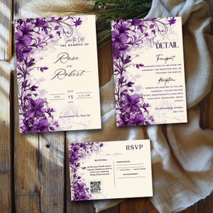 Lila Blumen Hochzeitseinladung, lila Blume Thema, sofortiger Download, Druckbare Einladung, anpassbare digitale Hochzeit einladen-A35