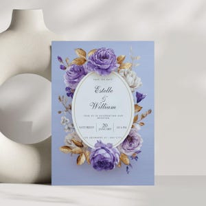 Elegante set di inviti per matrimonio con motivo floreale viola, modello personalizzabile per matrimonio viola e oro, annuncio di matrimonio floreale con biglietto RSVP A50