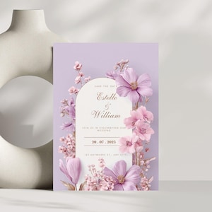 Weiche lila Blüte, digitale Hochzeitseinladung, lila und rosa Hochzeitseinladung, schicke botanische Hochzeit einladen, digitale Vorlage -A052