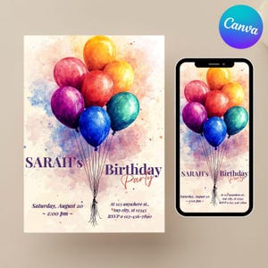 Convite de aniversário com balões coloridos em aquarela, cartão de aniversário divertido, convite especial de aniversário decorado com balões coloridos, editável