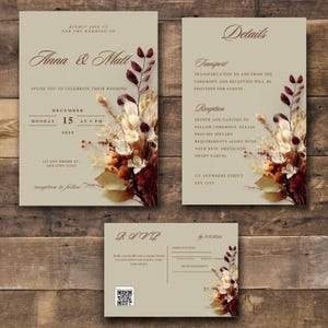 Rustic Fall Digital Wedding Invitation Suite, Dried Flowers, Boho Fall Wedding Invitation Set, Instant Download, Printable Template - A053