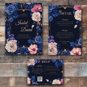Conjunto de convites de casamento florais azul-marinho e rosa, convite com design de rosas românticas, cartão de RSVP e detalhes, convite de casamento, convite digital -A043