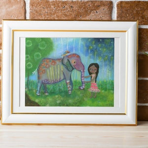 Folk Art Elephant Print, India Girl with Elephant, Elephant Landscape Print, India Girl Art Print, Abstract Elephant Print, Elephant Art