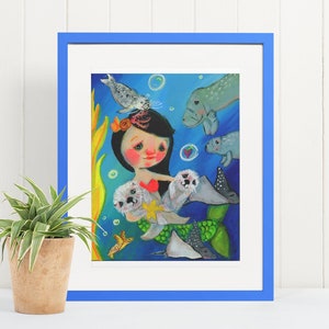 Sea Life Mermaid Art Print, Mermaid with Seal Art Print, Mermaid with Otters Art Print, Mermaid with Fish Art Print, Fantasy Mermaid Print