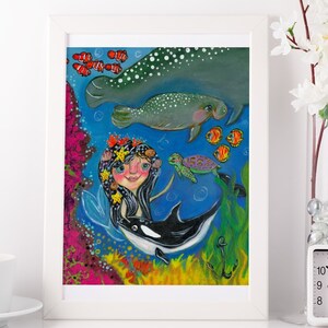 Orca Mermaid Art Print, Killer Whale Mermaid Art Print, Whale Mermaid Art Print, Sea Life Mermaid Art Print, Mermaid with Fish Art Print