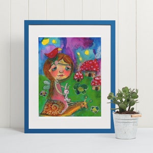 Girl on Snail Print, Snail with Mushroom Art, Girl on Snail, Mushroom Snail Art, Garden Snail Art, Garden Snail Art Print, Snail Folk Art