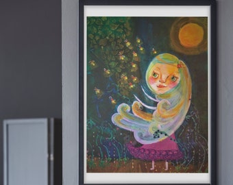 Firefly Girl Art, Girl in the moon art print, star girl art print, Dark Starry Night Night art, Girl in the Forest Art Print, Star Girl Art