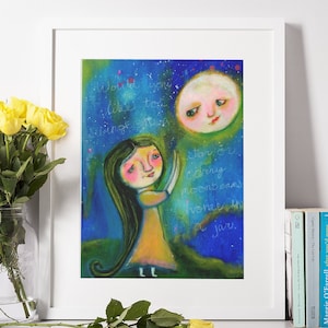 Girl with Moon Art Print, Whimsical Girl with Moon Art Print, Acrylic Star Art Print, Galaxy Moon Art Print, Galaxy Art Print, Moon Face Art