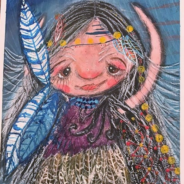 Peinture indienne, Peinture amérindienne, Peinture de fille amérindienne, Peinture de plumes, Peinture de danse de fille - Peinture 9x12