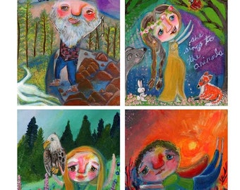 Adventure Print Set 4 included - Mountain Man, She Sings to the Animals, She is One with Nature, and Boy through the Desert