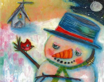 Mr. Snowman loves his birds - Original Painting