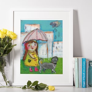 Impresión de arte de perro que camina, niña con impresión de arte de perro, impresión de arte popular de perro, impresión de arte de caniche, impresión de arte de perro sabueso, impresión de arte de alegría de perro