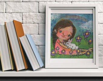 Girl with Bunny Art Print, Girl with Bunny Nursery Print, Girl with Bunny Nursery Art Print, Girl with Rabbit Folk Art, Rabbit Pop Art