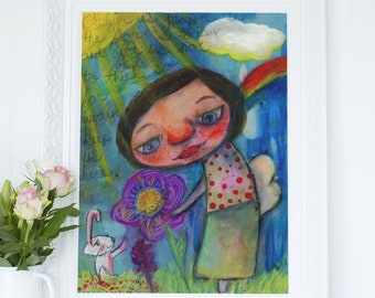 Girl with Bunny Art Print, Girl with Flowers and Bunny Art, Folk Art Bunny, Bunny Pop Art, Pop Surrealism Bunny, Girl with Bunny in Garden