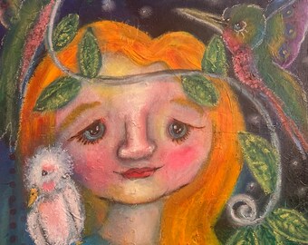 Peace Bird Girl, Whimsical Girl Acrylic Painting, humming bird painting, celestial girl, bird lady, whimsical folk art, plant girl
