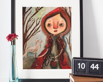 Little Red Riding Hood Art Print, Red Riding Hood Art Print, Red Riding Hood and Her Wolf Art Print, Little Red Art Print, Wolf Forest Art