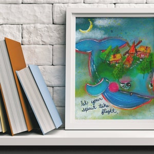 Impresión de ballenas voladoras, arte de ballenas voladoras, arte de vivero de ballenas, arte pop de ballenas, arte popular de ballenas, impresión de media luna, impresión de arte de media luna, arte de ballenas
