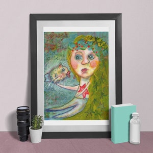 Mermaid Art Print, Mermaid in Sea Art Print, Mermaid in Ocean Art Print, Mermaid with Catfish Art Print, Mermaid with Fish Art Print