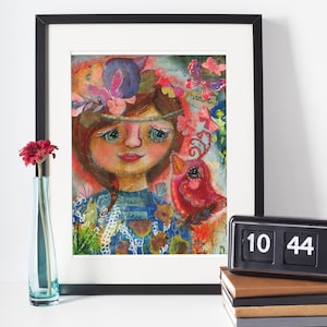 Strong Girl Art Print, Strong Girl Print, Spring Girl Art Print, Strong Girl Nursery Art, Girl with Bird Folk Art, Girl with Crown Art Print