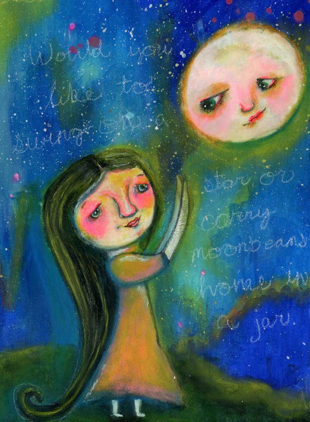 Girl With Moon Painting, Whimsical Girl With Moon Painting, Mixed Media