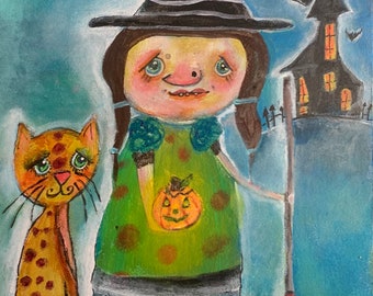 The Halloween Witch and her Cat - 8x10 original painting