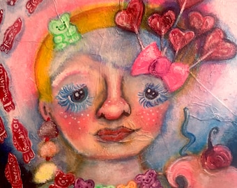 Candy Girl, gummy bear girl, lollipop girl painting on gesso, Swedish fish painting, ice cream candy painting, girl with cotton candy hair