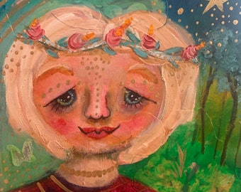 Celestial princess, folk art girl painting, whimsical acrylic painting, star girl painting, plant and stars painting, flower crown girl