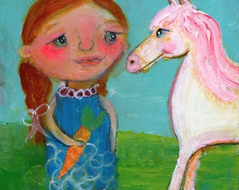 Girl with Horse Painting, Horse Painting, Farm Girl Painting, Pet Horse Painting, Girl with Pony Painting, Springtime Painting -5x5 Painting