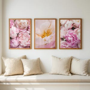 Könnte beinhalten: Drei gerahmte Blumendrucke mit Nahaufnahmen von rosa und weißen Pfingstrosen. Die Drucke befinden sich in Holzrahmen und hängen über einer Bank mit beigen Kissen. Die Blumen haben weiche, zarte Blütenblätter.