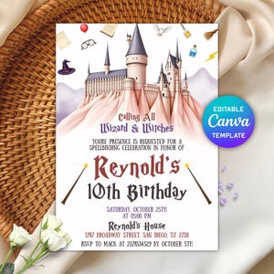 May include: A birthday invitation with a castle illustration, wands, and the text "Calling All Wizard & Witches." The invitation is for Reynold's 10th birthday, with the date, time, and location details. Includes a Canva template label.
