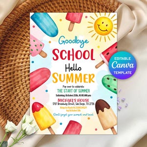 End of School Party Invitation, Hello Summer Party Invite, Schools Out Pool Party Invite, Ice Cream Invite, Popsicle Invite, Editable Canva
