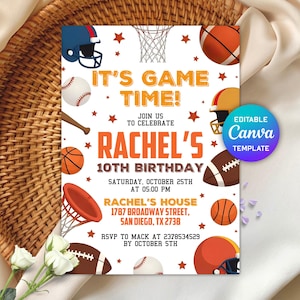 Editable Sports Birthday Invitation, All Star Sports Party Invitation, Sports Theme Invite, Basketball, Football, Ball Sports Invitation