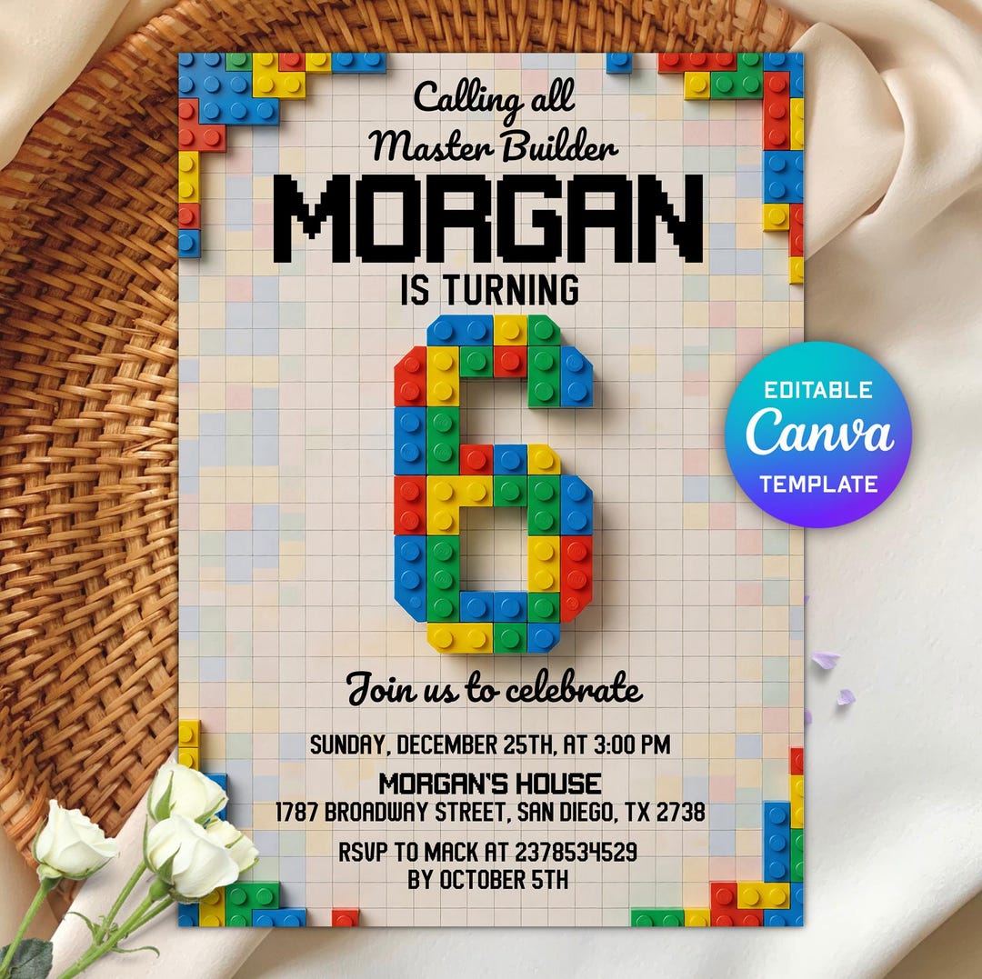 Invitation Block Design Building Block Invitation, 6th Birthday Invite, Bricks Birthday Party ...
