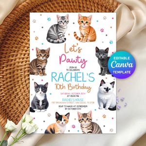 Editable Cat Birthday Invitation, Cat Theme Birthday Invitation, Are You Kitten Me Birthday, Paw-ty Birthday Invite, Rainbow, Digital Canva