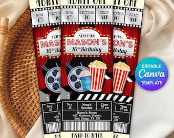 Editable Movie Ticket Invitation, Movie Party Birthday Invitation, Movie Night Invite, Cinema Birthday Invite, Any Age, Instant Download