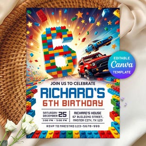 6th Birthday Building Blocks Invitation, Bricks Party Invite, Master Builder, Boy Birthday Invitation, Editable Canva Template
