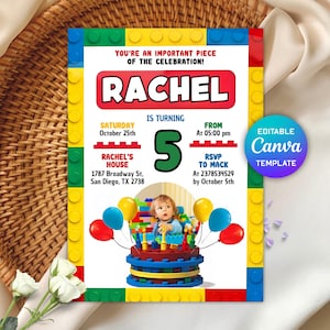 Editable Building Blocks Birthday Invitation, Kids Birthday Party Invitation, Construction Theme Party Invite, Any Age, Instant Download