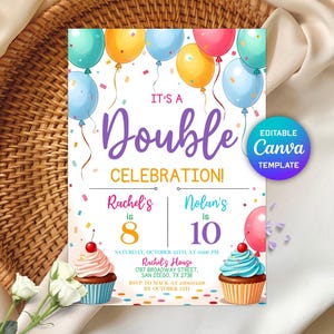 May include: A colorful birthday invitation with balloons and confetti. It's a double celebration for Rachel's 8th birthday and Nolan's 10th birthday. The invitation includes the date, time, and location of the party. RSVP information is also included.