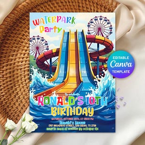 Water Park Birthday Invitation,Water Park Party Invitation,Summer Pool Party,Waterslide Birthday Party,Instant Download, Editable Canva