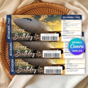 Airplane Ticket Invitation, Plane Birthday Ticket Invitation, Boarding Pass, Surprise Trip Ticket, Birthday Gift, Editable Canva Template