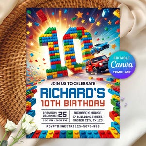 May include: A colorful birthday invitation featuring a large number 10 constructed from toy blocks. The invitation includes the text "JOIN US TO CELEBRATE RICHARD'S 10TH BIRTHDAY" and event details. A red Jeep and blue car are also featured.