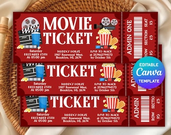 Movie Night Ticket Invitation, Movie Party Ticket, Movie Birthday Party Invitation, Ticket Template, Digital Editable Printable
