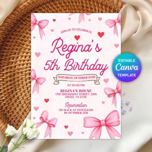Editable Pink Bow Birthday Invitation, Coquette Bow Birthday Girl, Bow Invite, Girl Coquette Invitation, Instant Download
